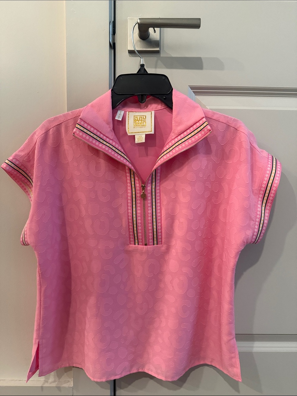 Emily McCarthy Poppy Pullover Pink Tonal Monogram Jacquard Quarter-Zip Top